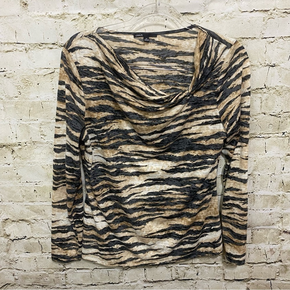 Chaus Tan Black Printed Drop Front Top